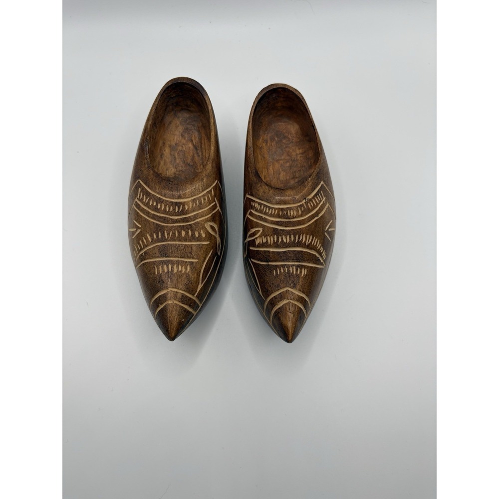 Vintage WWII Hand-Carved 6" Wooden Clogs - Belgian/French Folk Art Souvenir